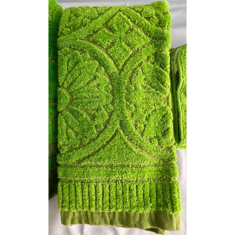 Set of 6 Vintage Milliken Callaway Moss Green Sculpted Towels Cotton Floral NOS